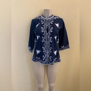 VTG Caro Of Honolulu Size ? Navy Blue Embroidered 3/4 Sleeve Tunic Top
